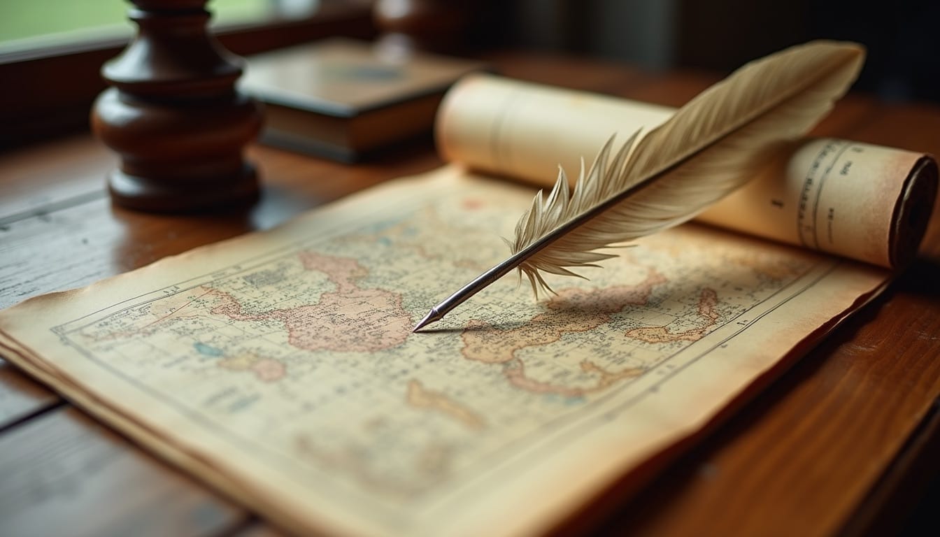 Close-up view of an old map and quill on a wooden desk