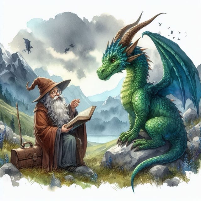A dragon and an elder on a mountainside