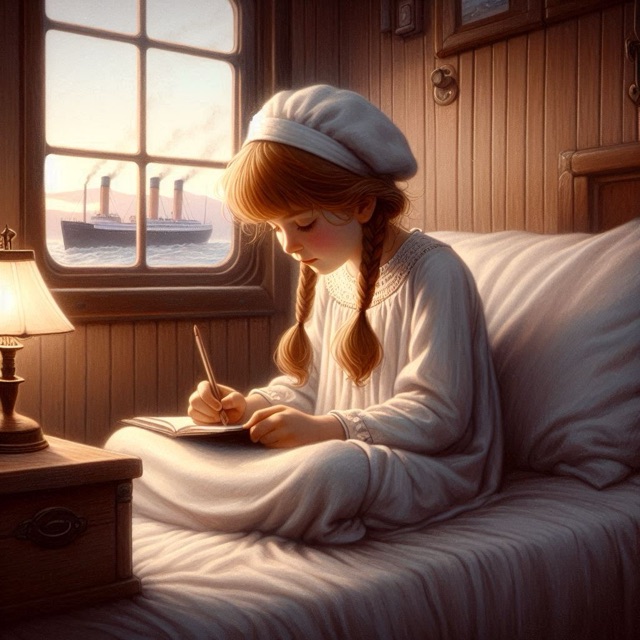 A girl resting in her bunk aboard ship
