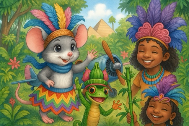 Mira Mouse with children in carnival headdresses