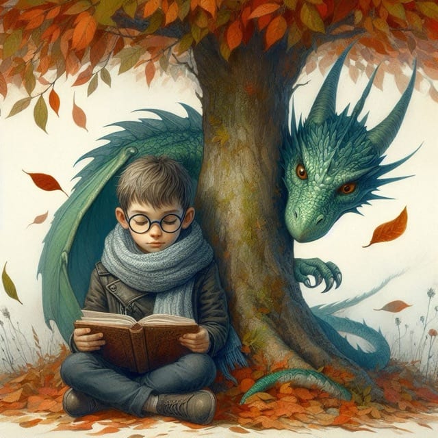 A dragon reading beneath an autumn tree
