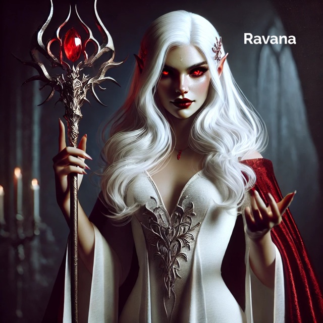 A white-haired sorceress holding a red staff