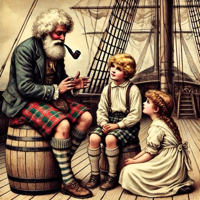 An old sailor telling stories to children