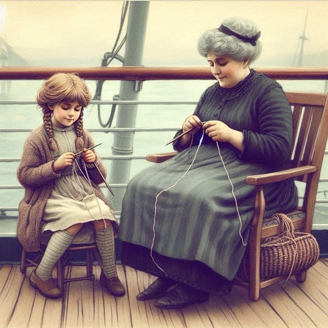 Knitting with an older woman on the ship’s deck