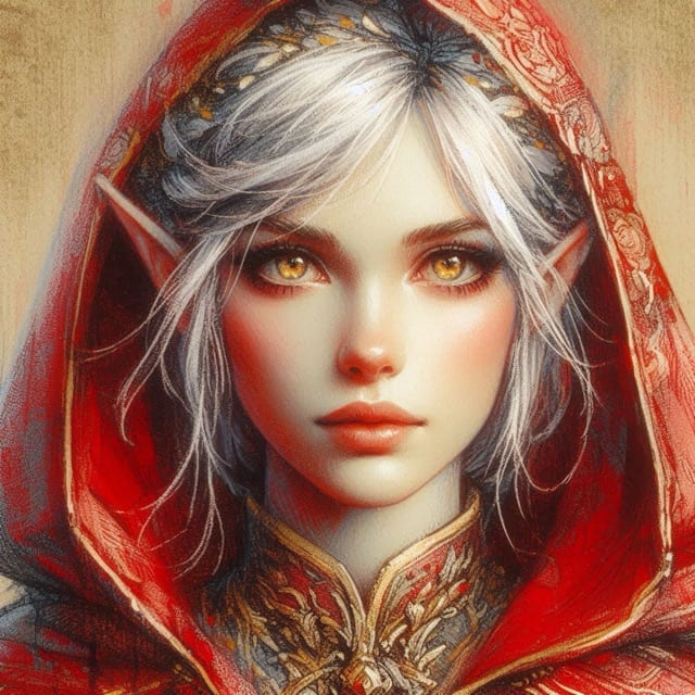 A silver-haired elf in a red hood