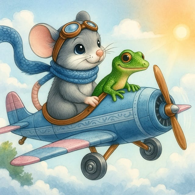 Mira Mouse flying her plane with Gary Gecko