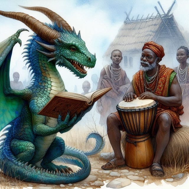 A dragon reading beside drummers