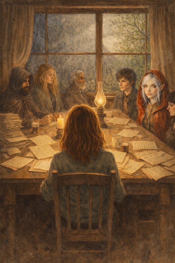 A writer at a table surrounded by her characters