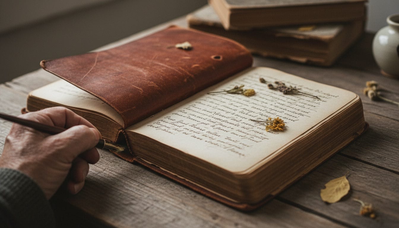 A hand writing in an old leather journal
