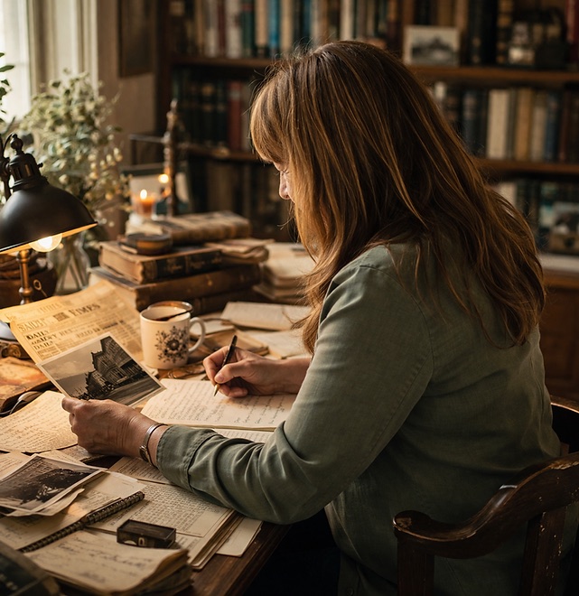 Lynda writing at a desk with old papers